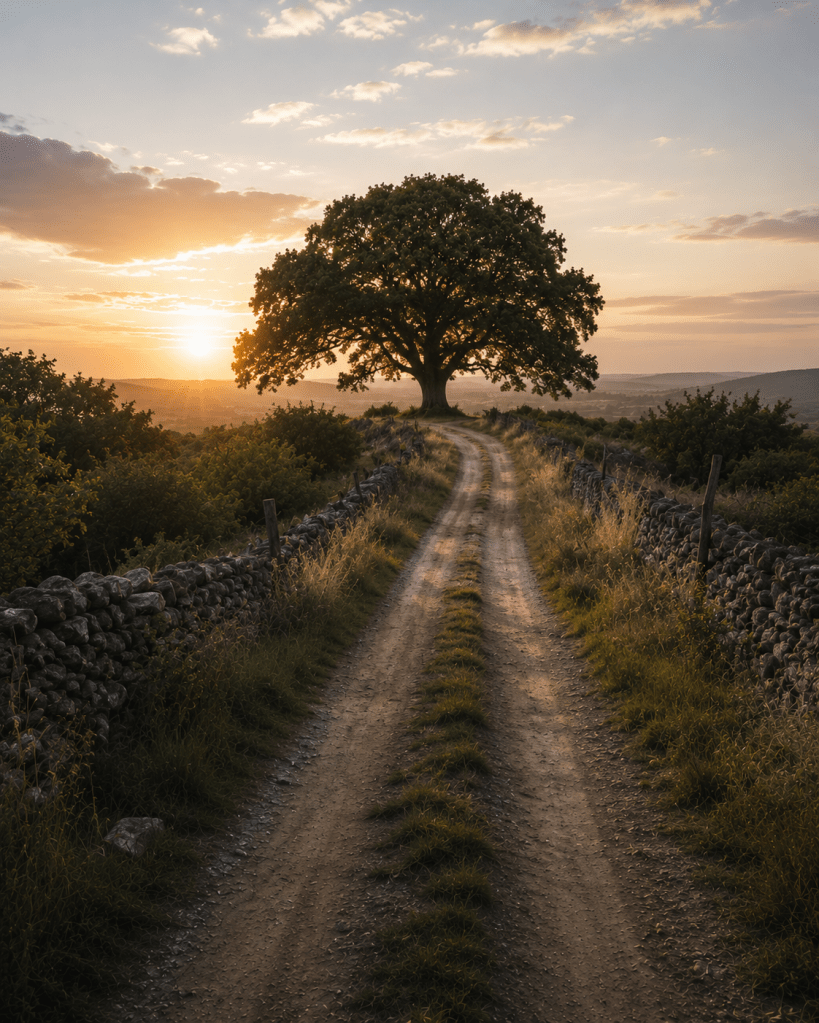 A path leading to an oak tree at sunset